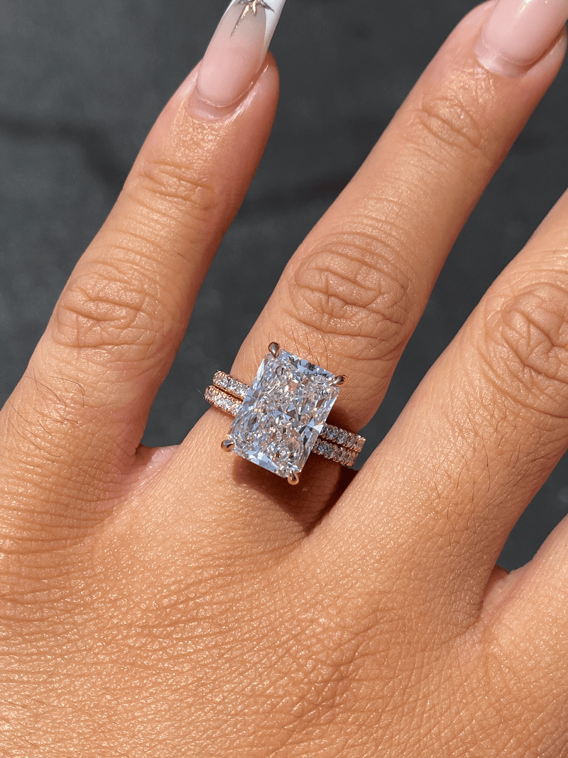 14K Gold 7.00 Carat Lab Grown Radiant Diamond Prong Set Under Halo Engagement Set