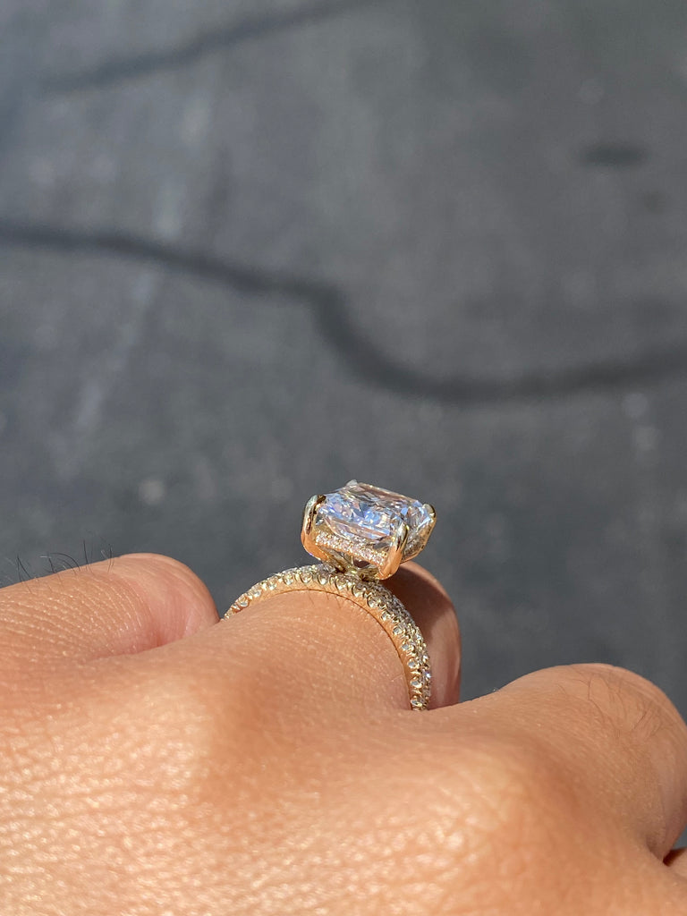 14K Gold 7.00 Carat Lab Grown Radiant Diamond Prong Set Under Halo Engagement Set