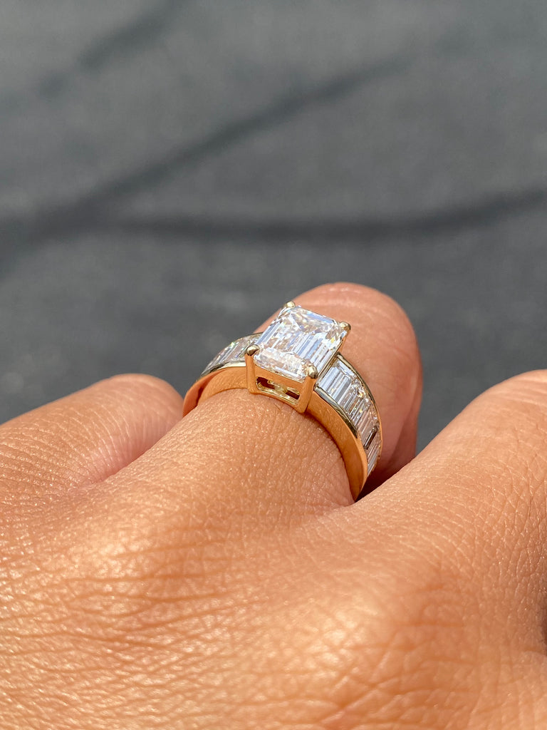 14K Gold 3.00 Carat Lab Grown Emerald Channel Set Diamond Engagement Ring