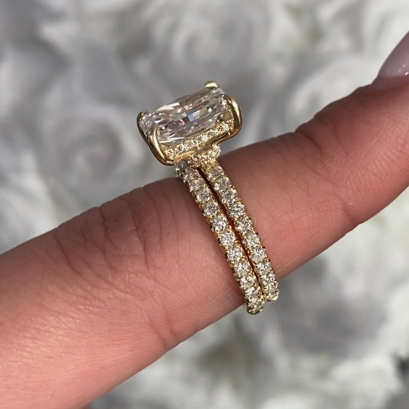 14K Gold 3.00 Carat Lab Grown Radiant Diamond Under Halo Bowtie Engagement Set
