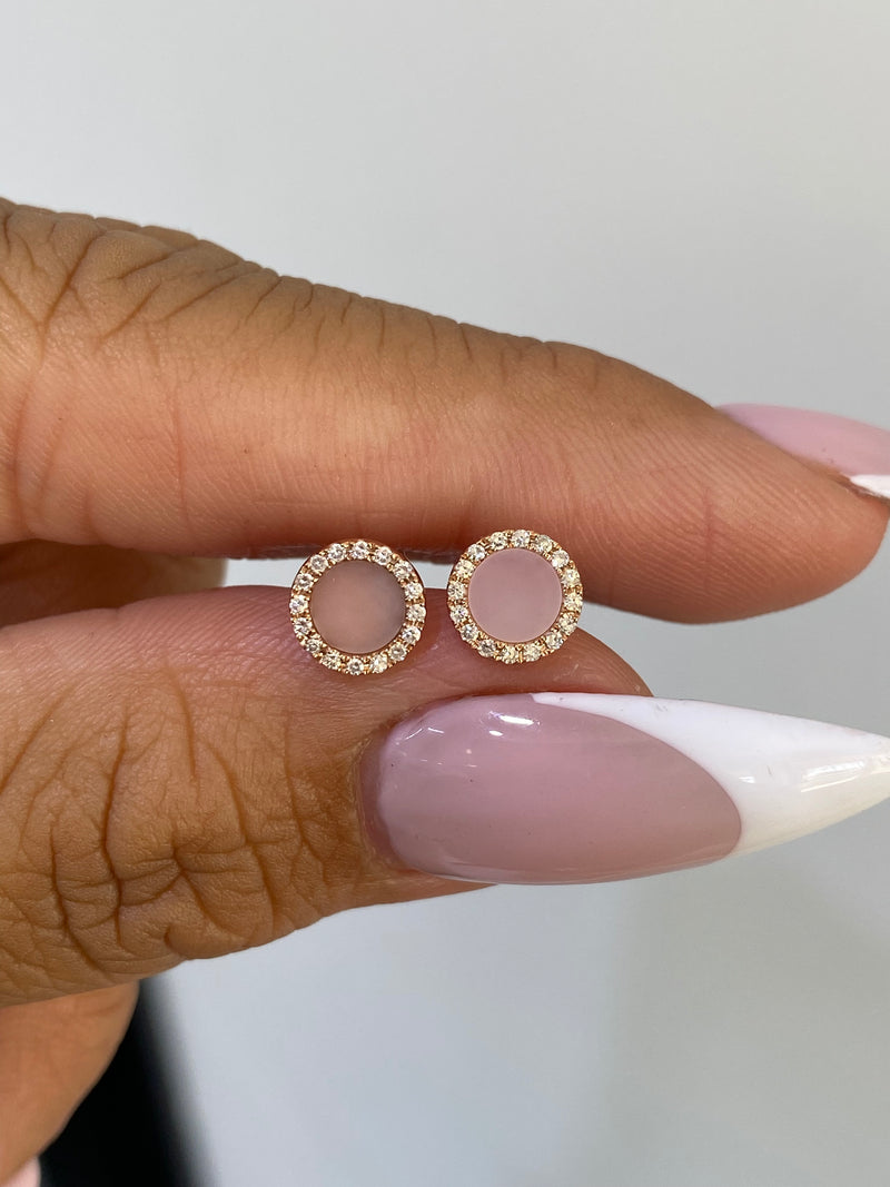14K Gold Pink Mother of Pearl Round Diamond Stud Earrings