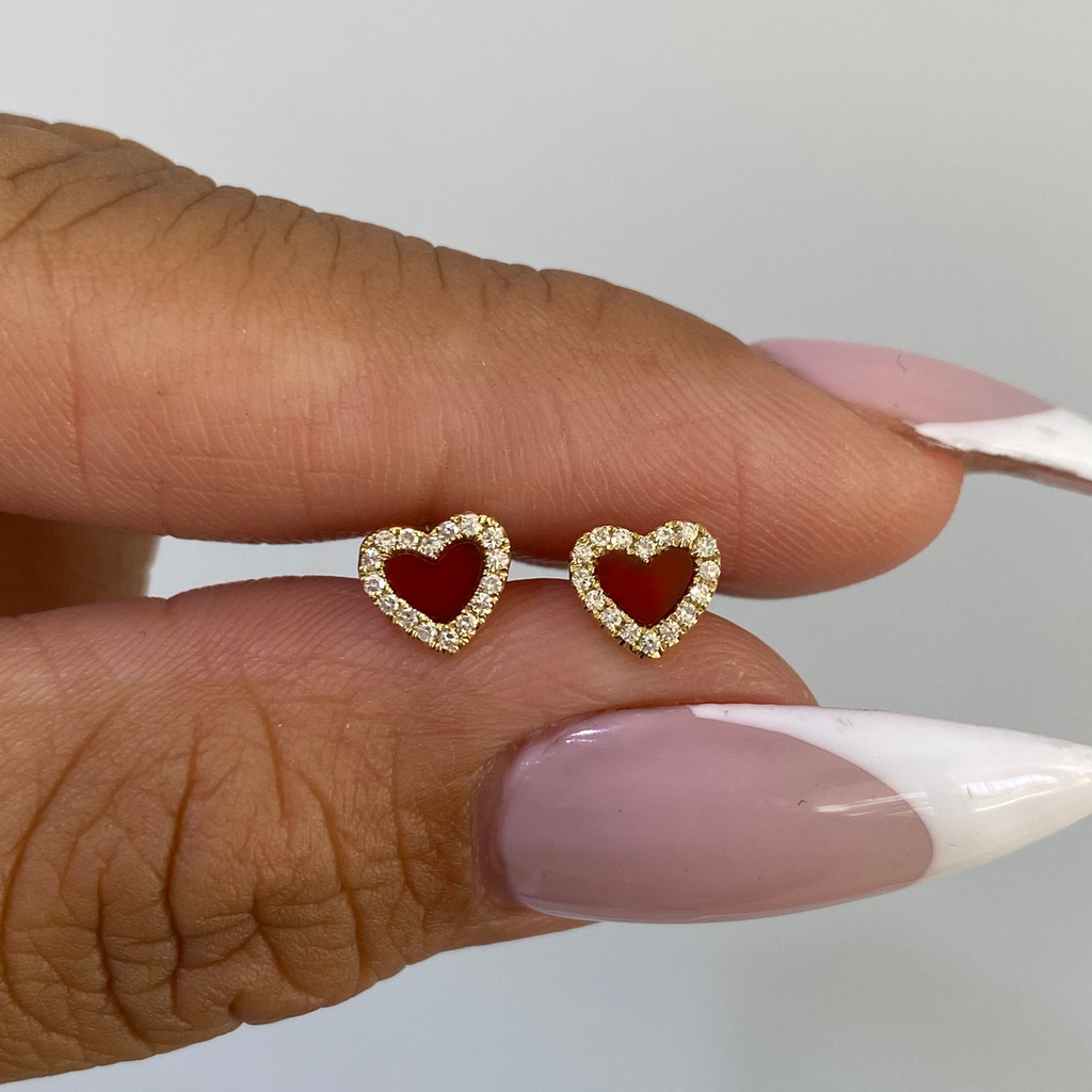 14K Gold Carnelian Heart Diamond Stud Earrings