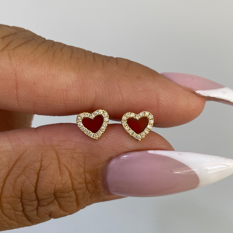 14K Gold Carnelian Heart Diamond Stud Earrings