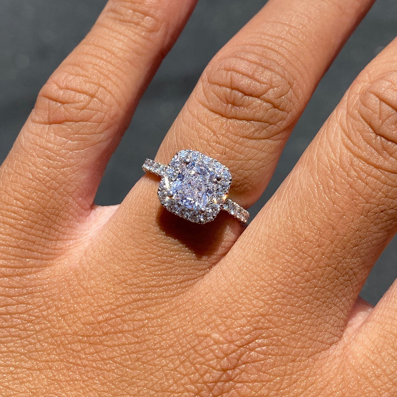 14K Gold 1.50 Carat Lab Grown Cushion Diamond Halo Ribbed Engagement Ring