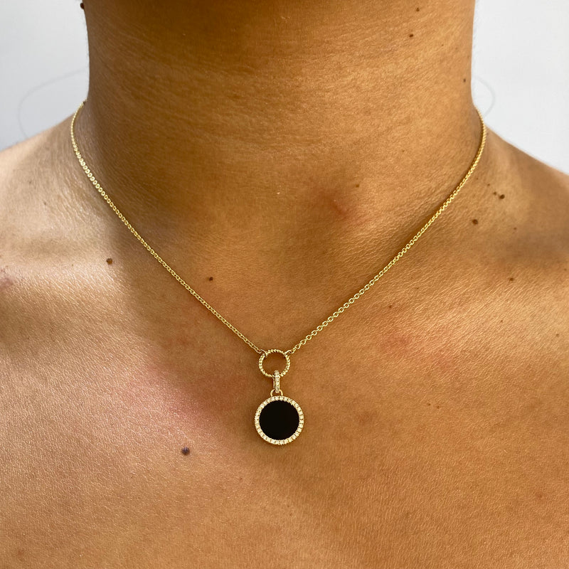 14K Gold Onyx Round Diamond Pendant Lariat Necklace