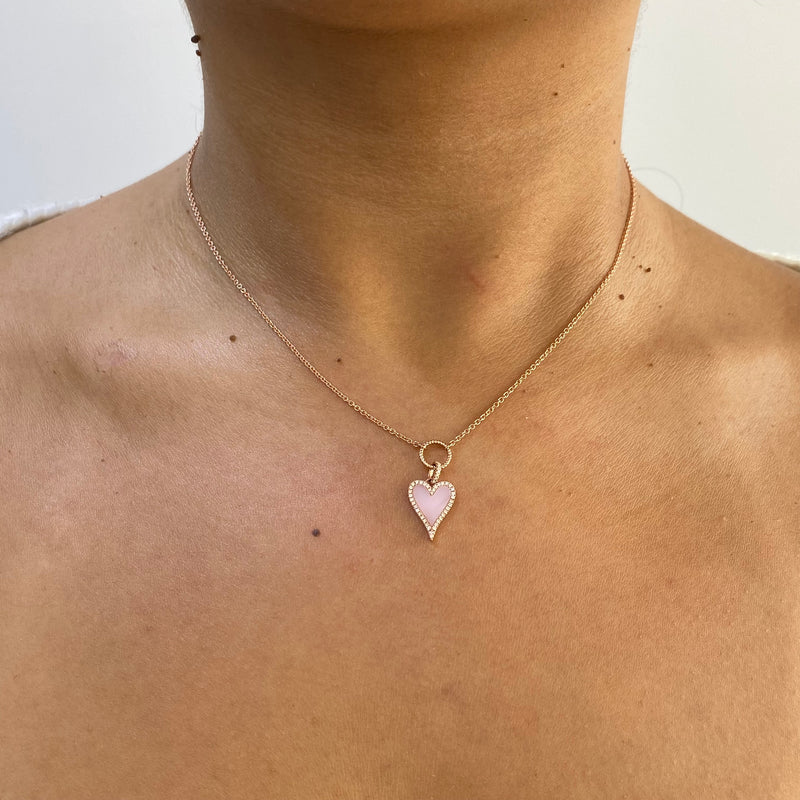14K Gold Pink Mother of Pearl Heart Diamond Pendant Lariat Necklace