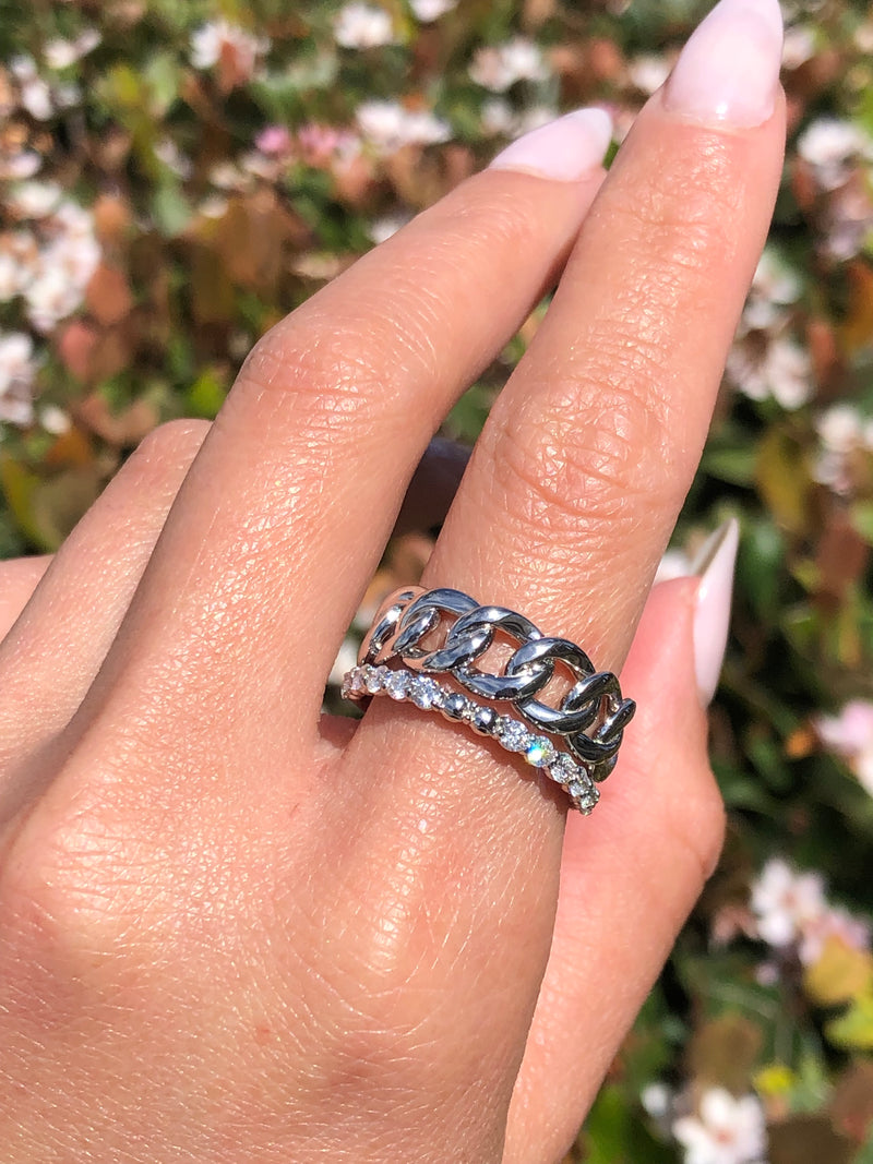 14K Gold Stacked Prong Cuban Diamond Band