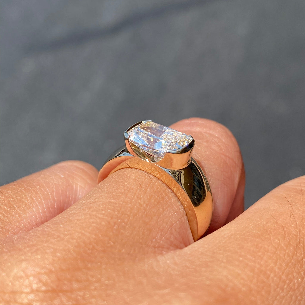 14K Gold East West 3.00 Carat Lab Grown Elongated Cushion Diamond Bezel Engagement Band