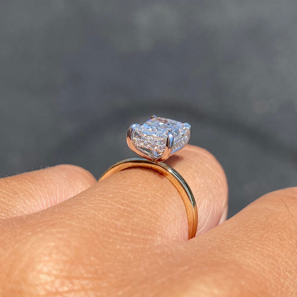 14K Two-Tone Gold 3.00 Carat Lab Grown Elongated Cushion Solitaire Under Halo Engagement Ring