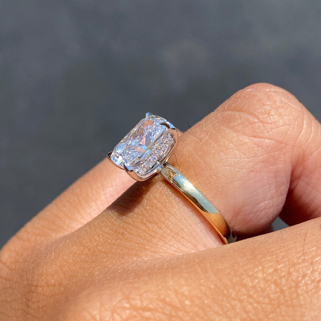14K Two-Tone Gold 3.00 Carat Lab Grown Radiant Solitaire Under Halo Engagement Ring