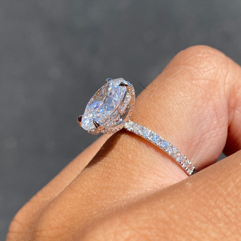 14K Gold 4.00 Carat Lab Grown Oval Diamond Prong Under Halo Engagement Ring