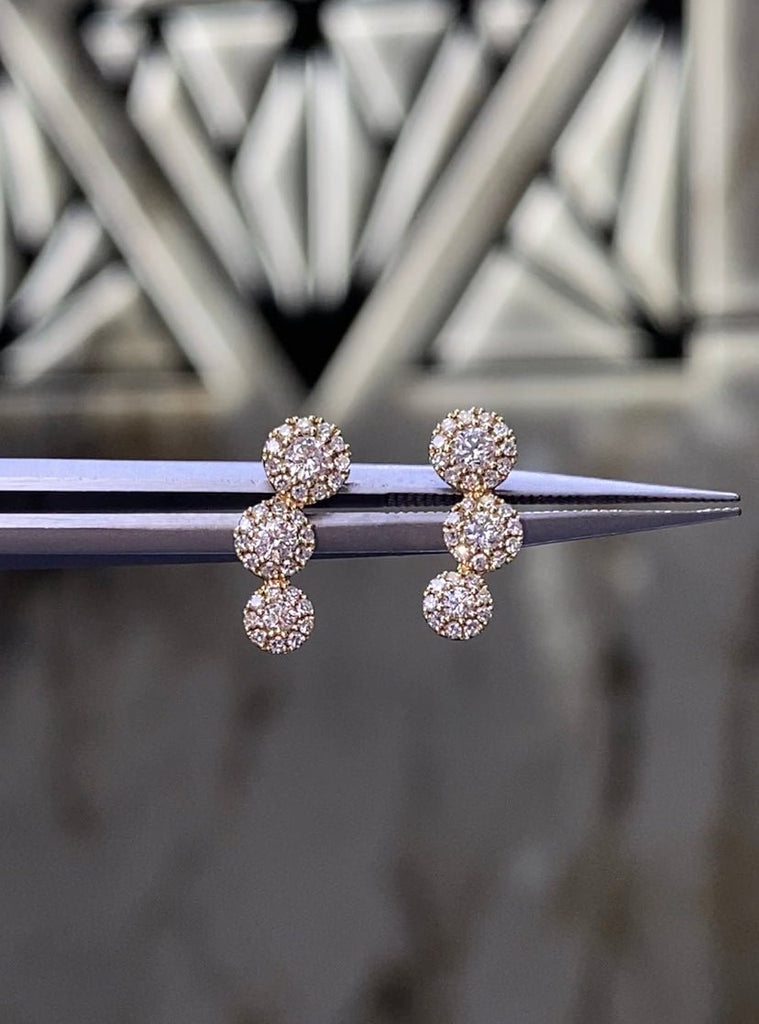 14K Gold Three Round Diamond Halo Stud Earrings