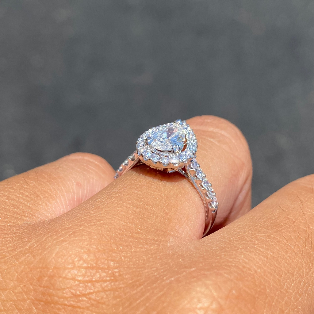 14K Gold 1.00 Carat Natural Pear Diamond Halo Art Deco Cathedral Engagement Ring