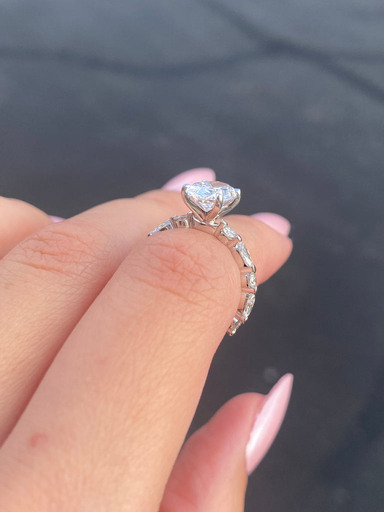 14K Gold Lab Grown 2.00 Carat Oval Diamond with Marquise and Round Setting Engagement Ring