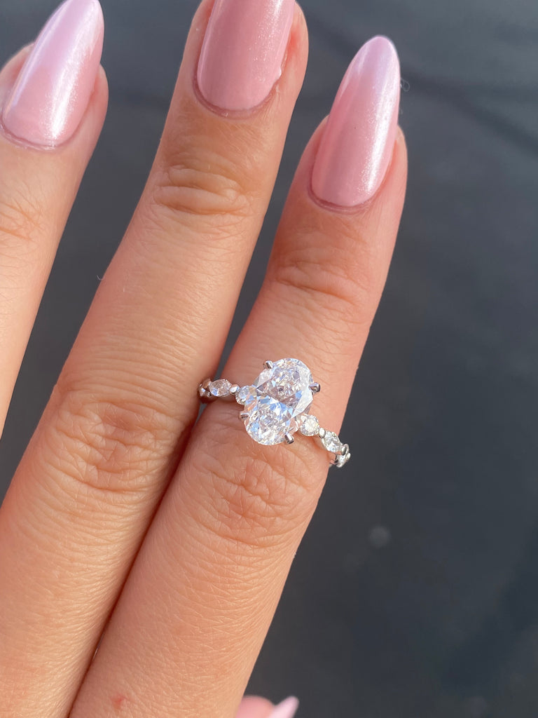 14K Gold Lab Grown 2.00 Carat Oval Diamond with Marquise and Round Setting Engagement Ring