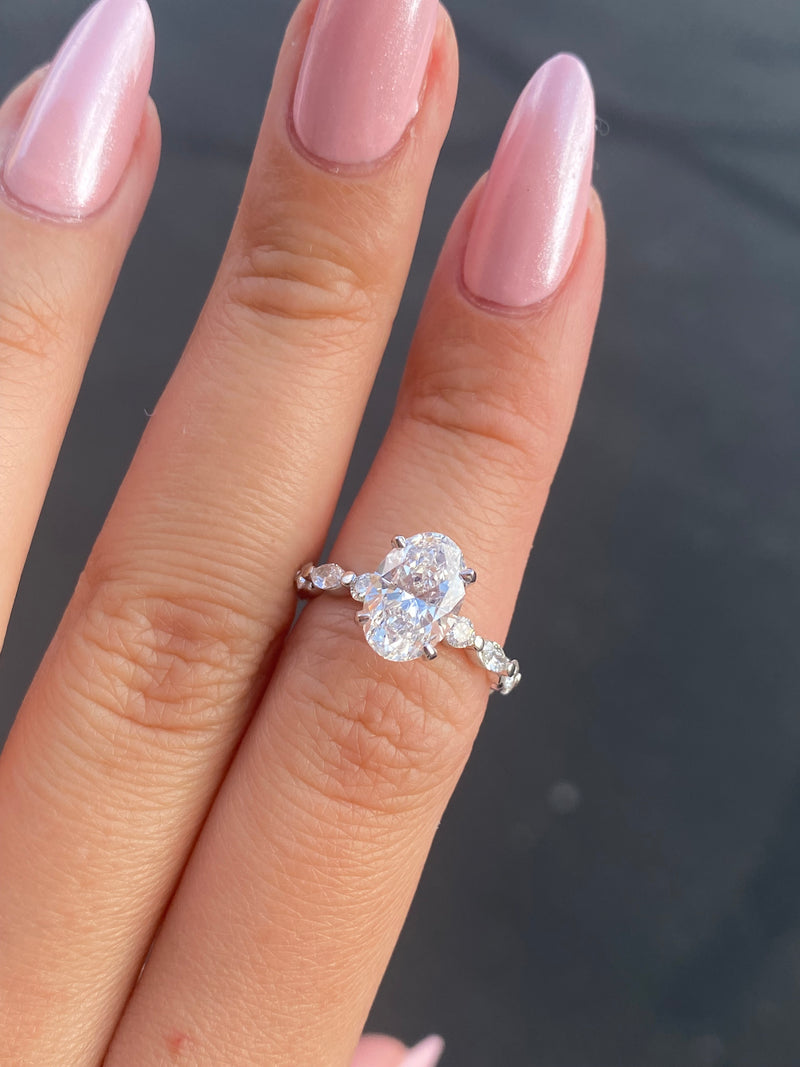 14K Gold Lab Grown 2.00 Carat Oval Diamond with Marquise and Round Setting Engagement Ring