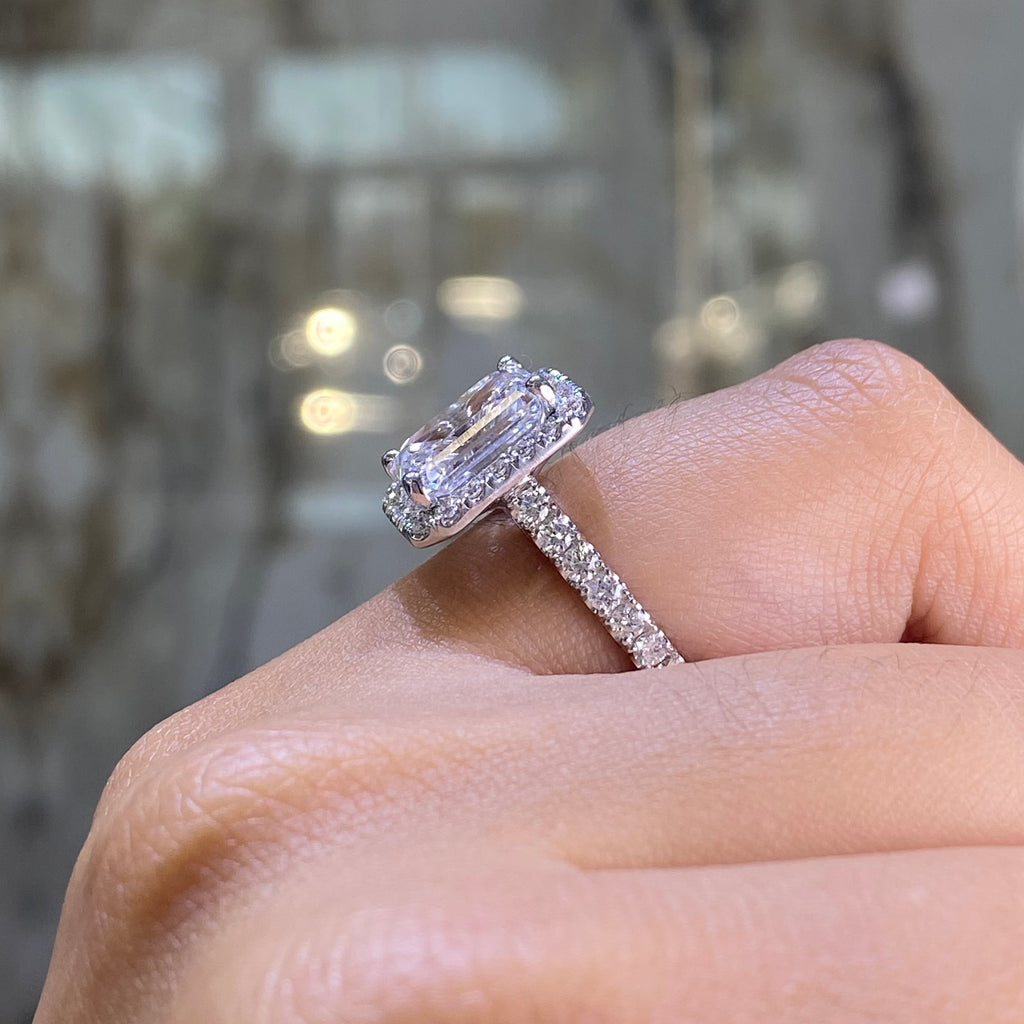 14K Gold 3.00 Carat Lab Grown Emerald Cut Diamond Cathedral Halo Engagement Ring