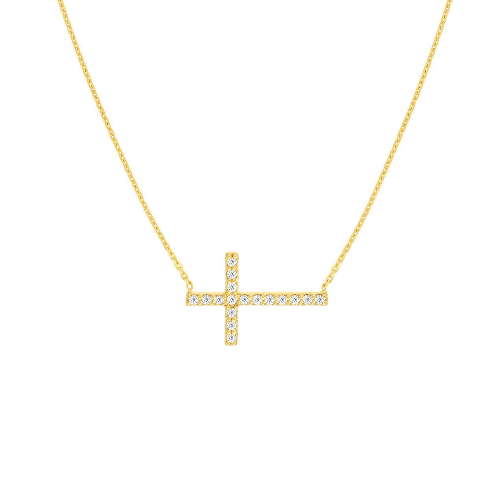 14K Gold Sideways Diamond Cross Pendant Necklace