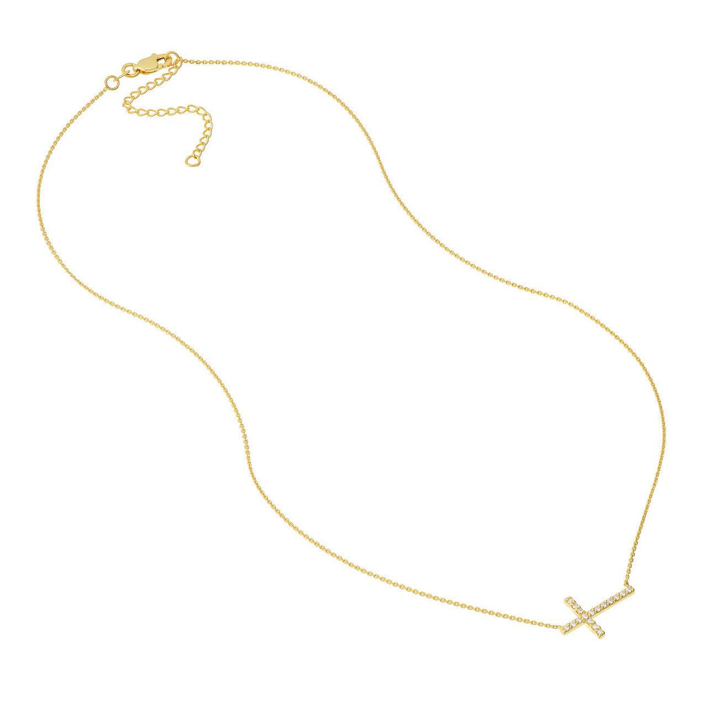 14K Gold Sideways Diamond Cross Pendant Necklace