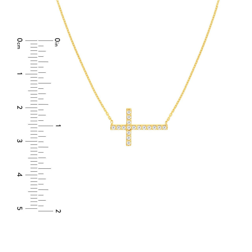 14K Gold Sideways Diamond Cross Pendant Necklace