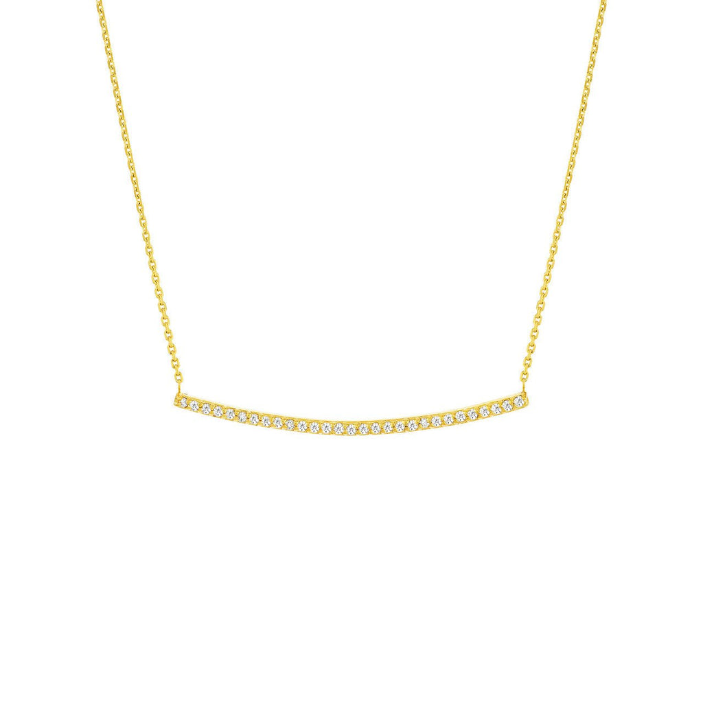 14K Gold Prong Set Curved Diamond Bar Pendant Necklace