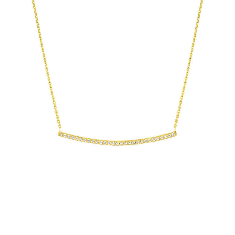 14K Gold Prong Set Curved Diamond Bar Pendant Necklace