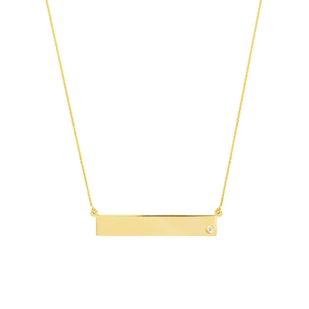 14K Gold Bar Pendant Necklace with Inset Diamond Bezel