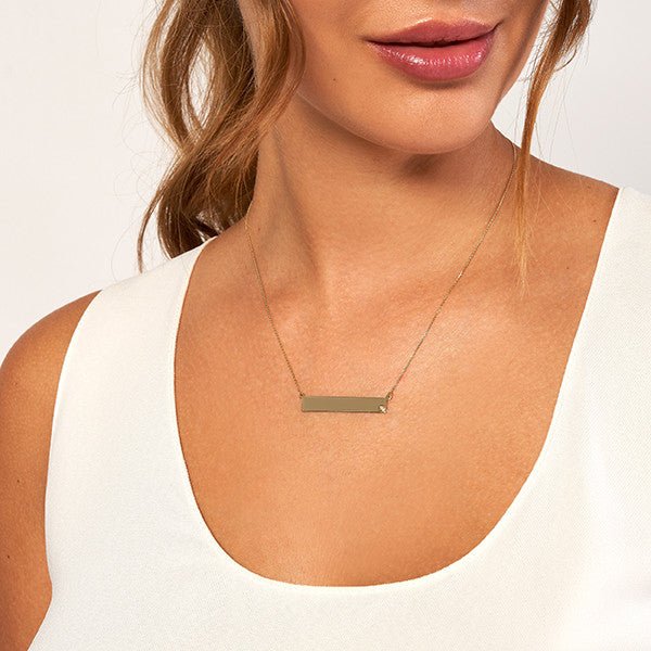 14K Gold Bar Pendant Necklace with Inset Diamond Bezel