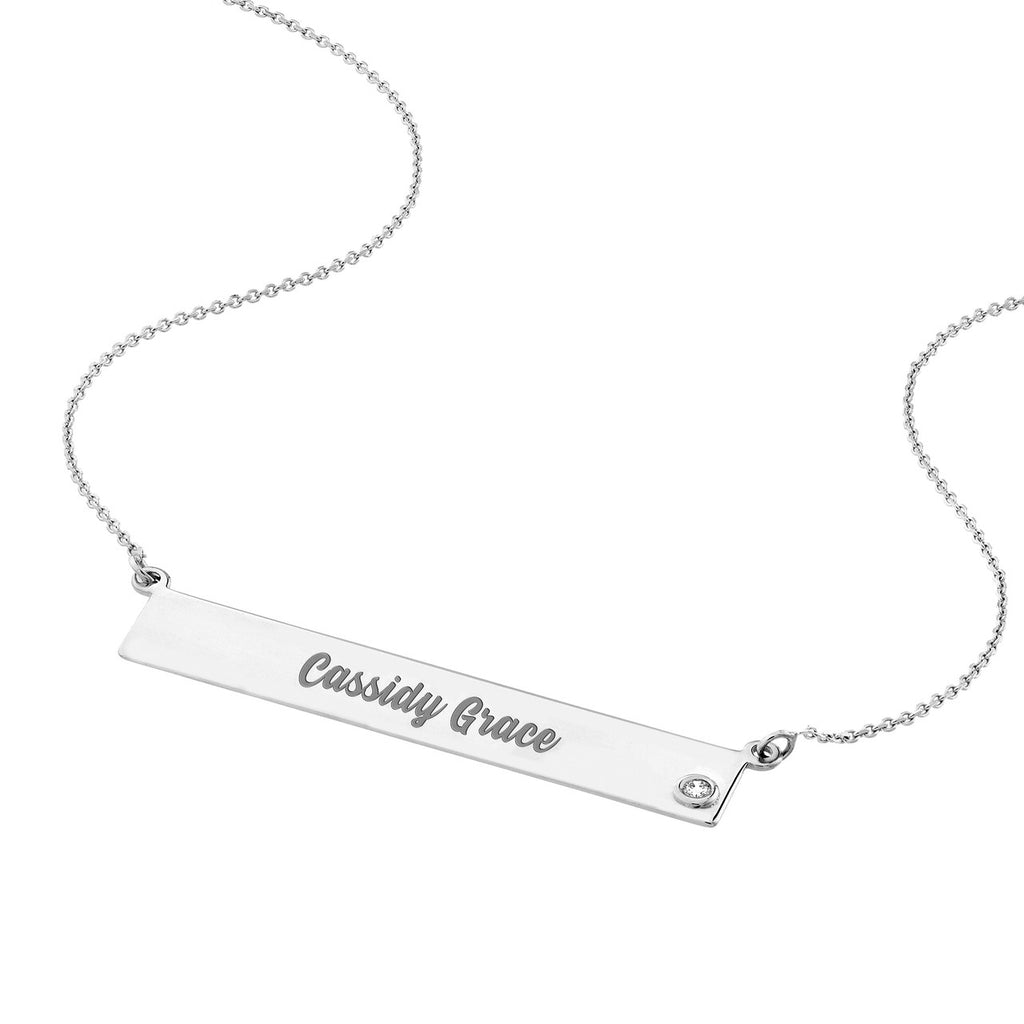 14K Gold Bar Pendant Necklace with Inset Diamond Bezel