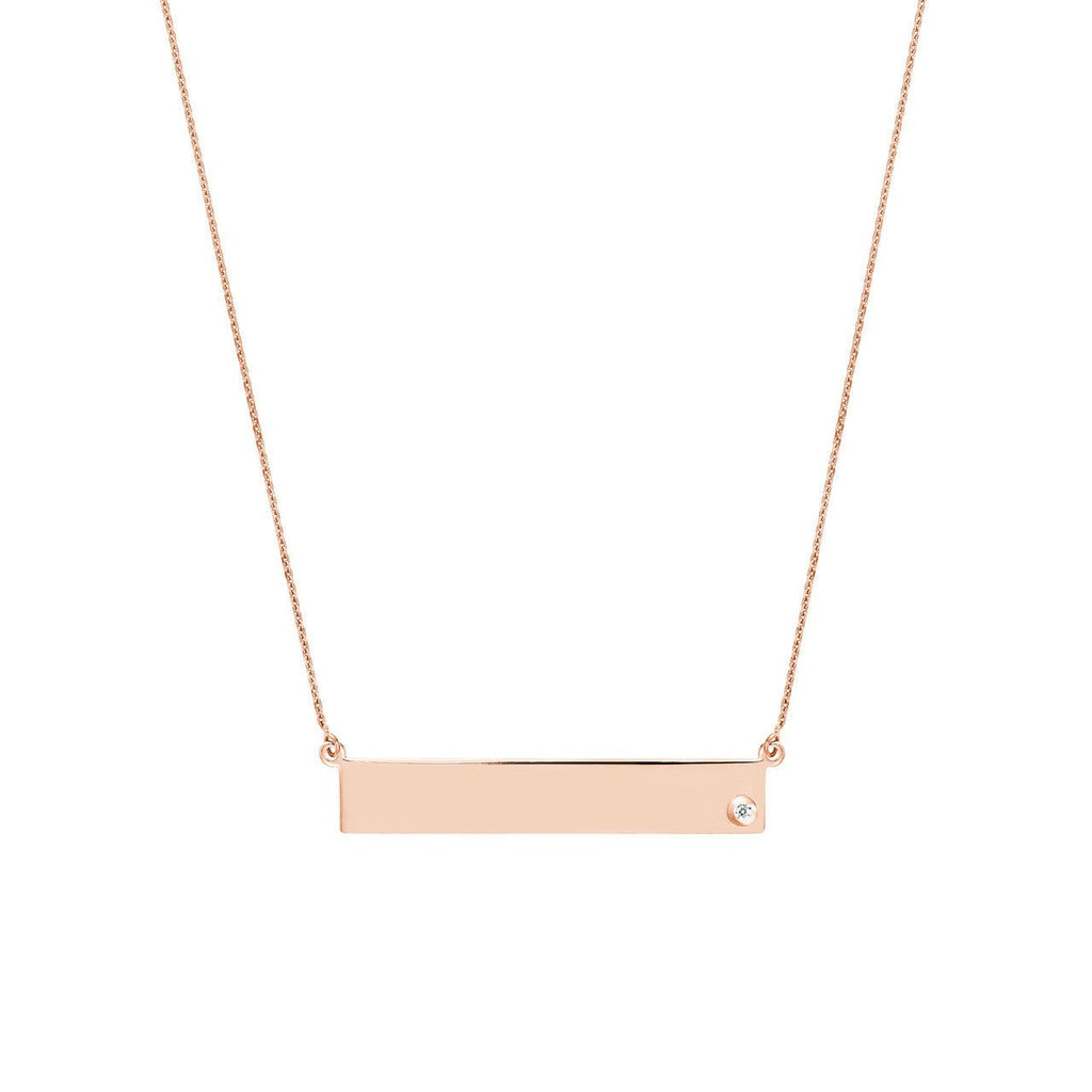 14K Gold Bar Pendant Necklace with Inset Diamond Bezel