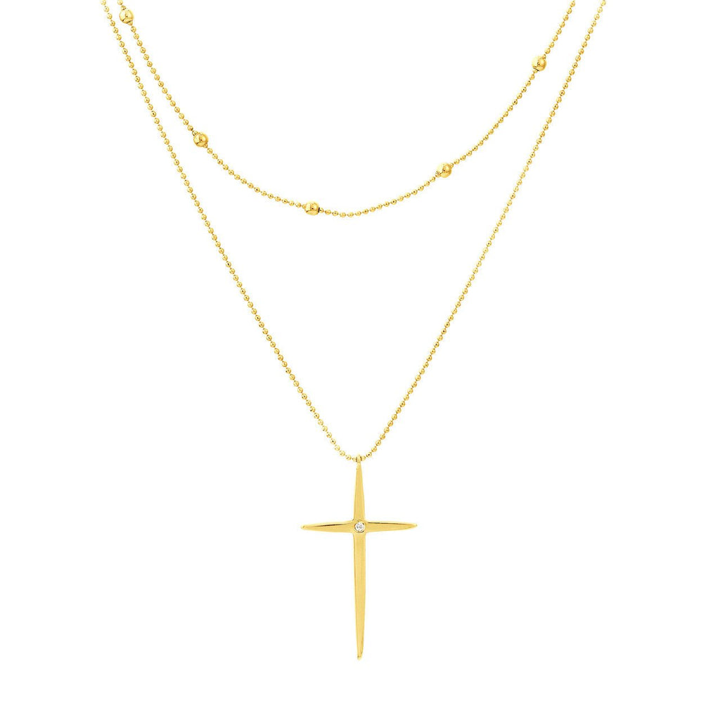 14K Gold Sharp Cross Diamond Layered Bead Necklace