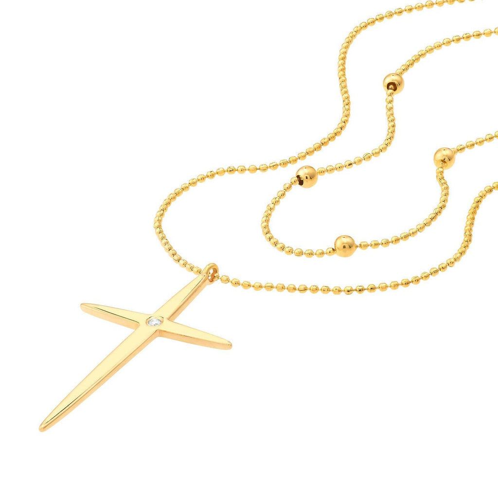 14K Gold Sharp Cross Diamond Layered Bead Necklace