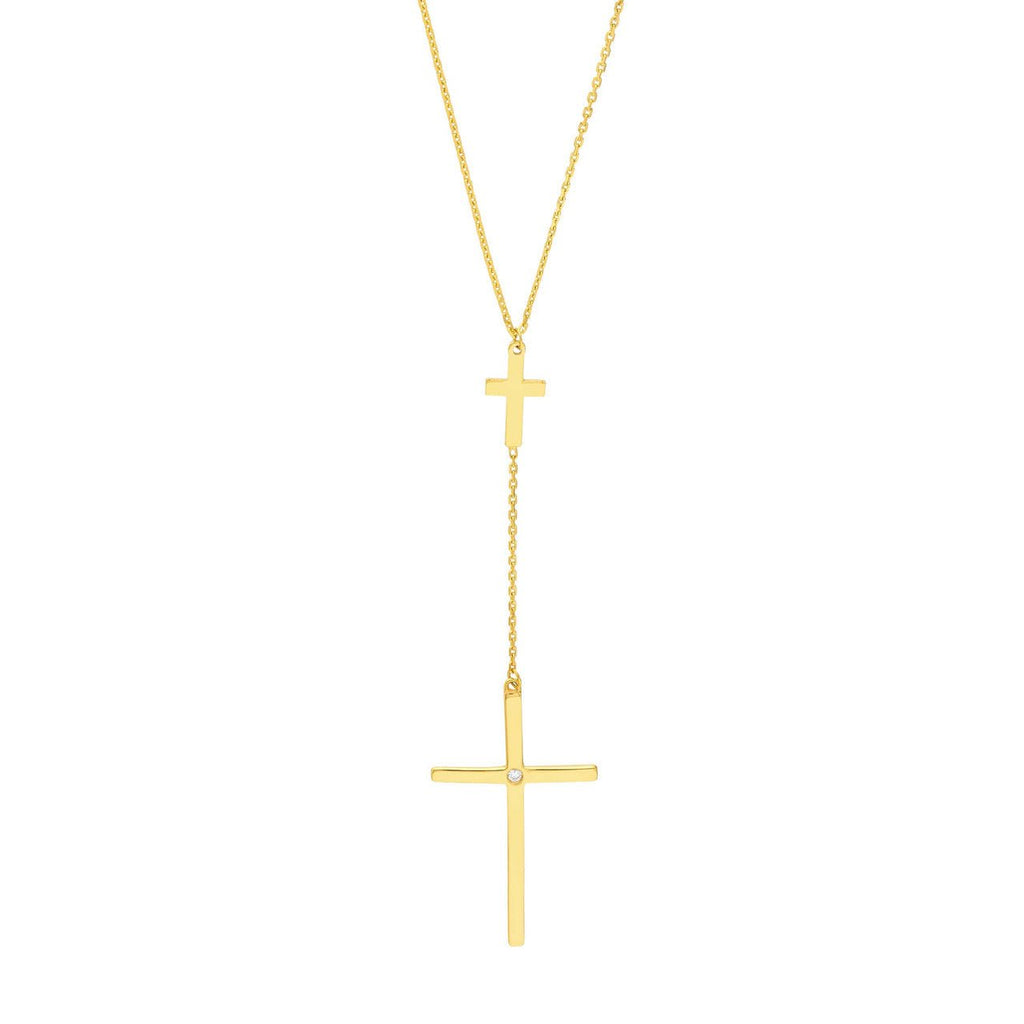 14K Gold Solo Diamond Inset Cross Lariat Pendant Necklace