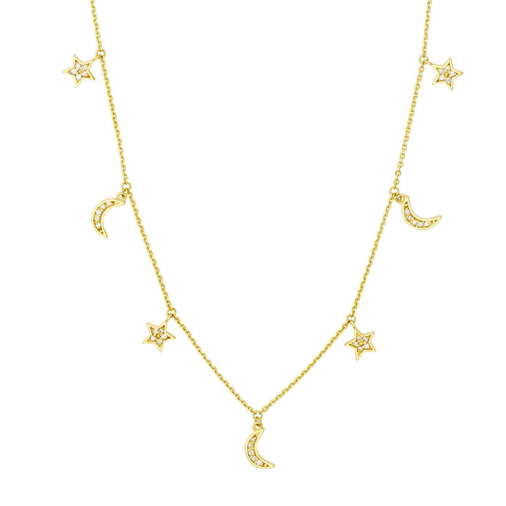 14K Gold Diamond Moon and Stars Station Necklace