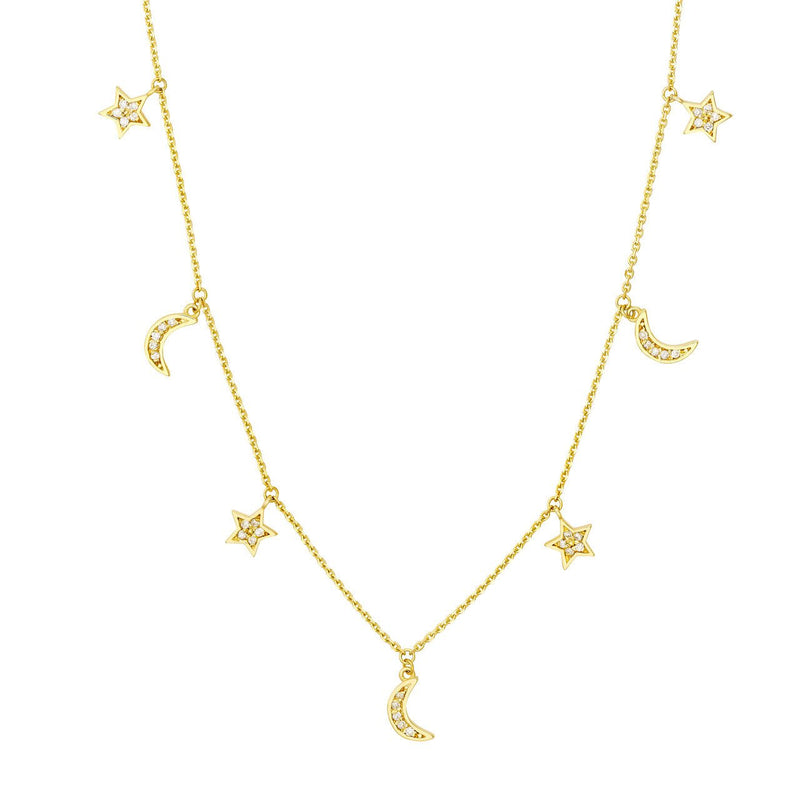 14K Gold Diamond Moon and Stars Station Necklace