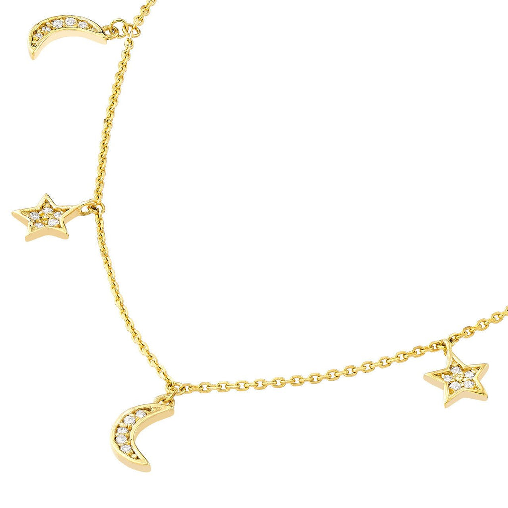 14K Gold Diamond Moon and Stars Station Necklace