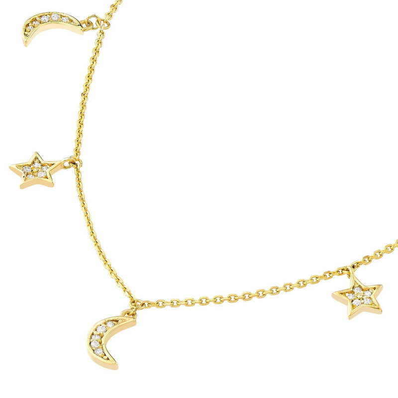 14K Gold Diamond Moon and Stars Station Necklace