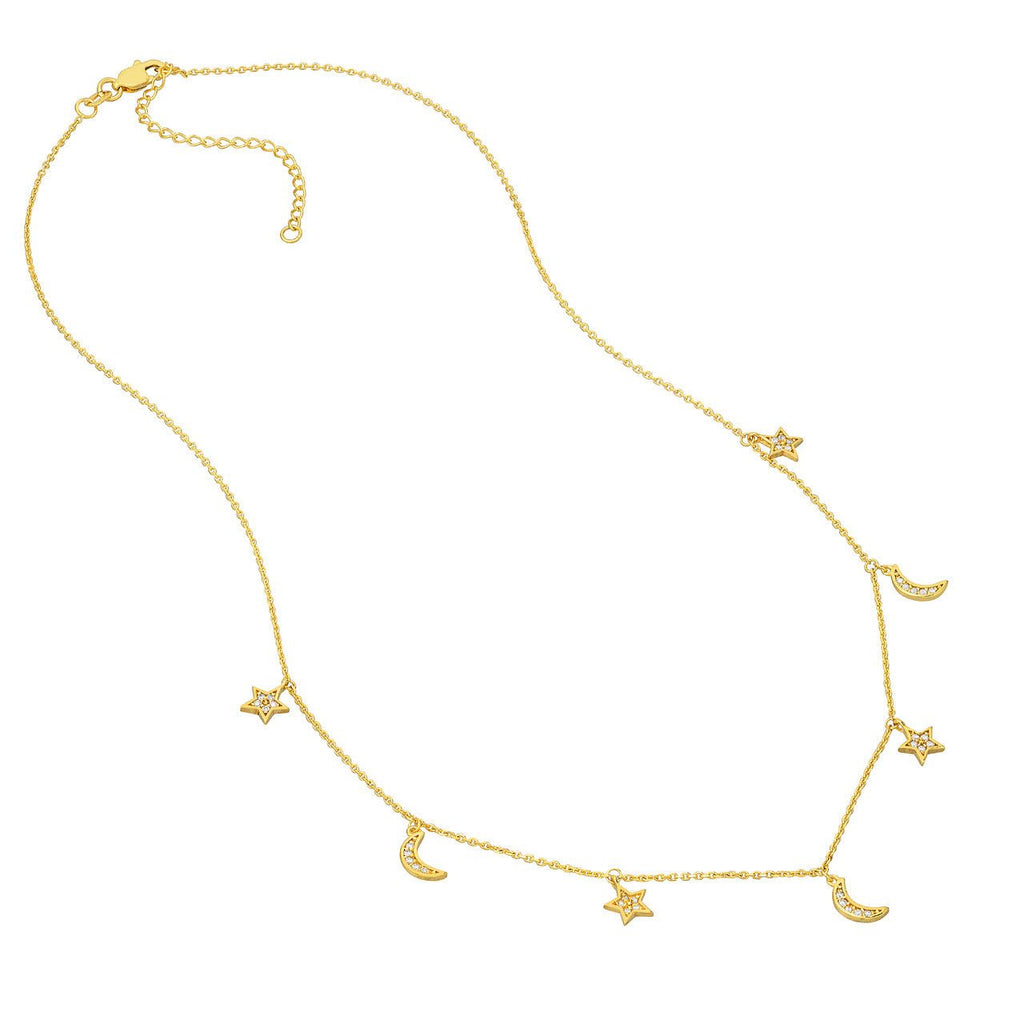 14K Gold Diamond Moon and Stars Station Necklace