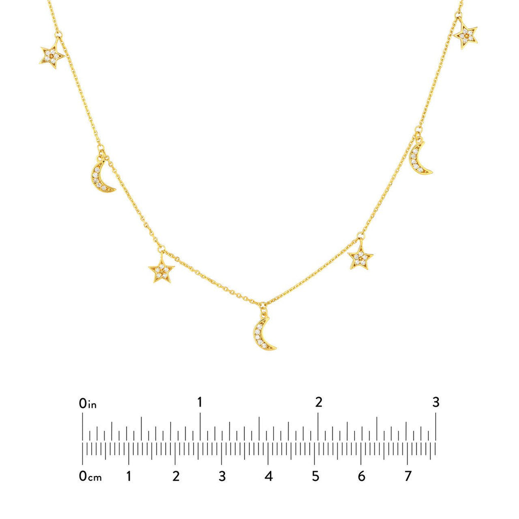 14K Gold Diamond Moon and Stars Station Necklace