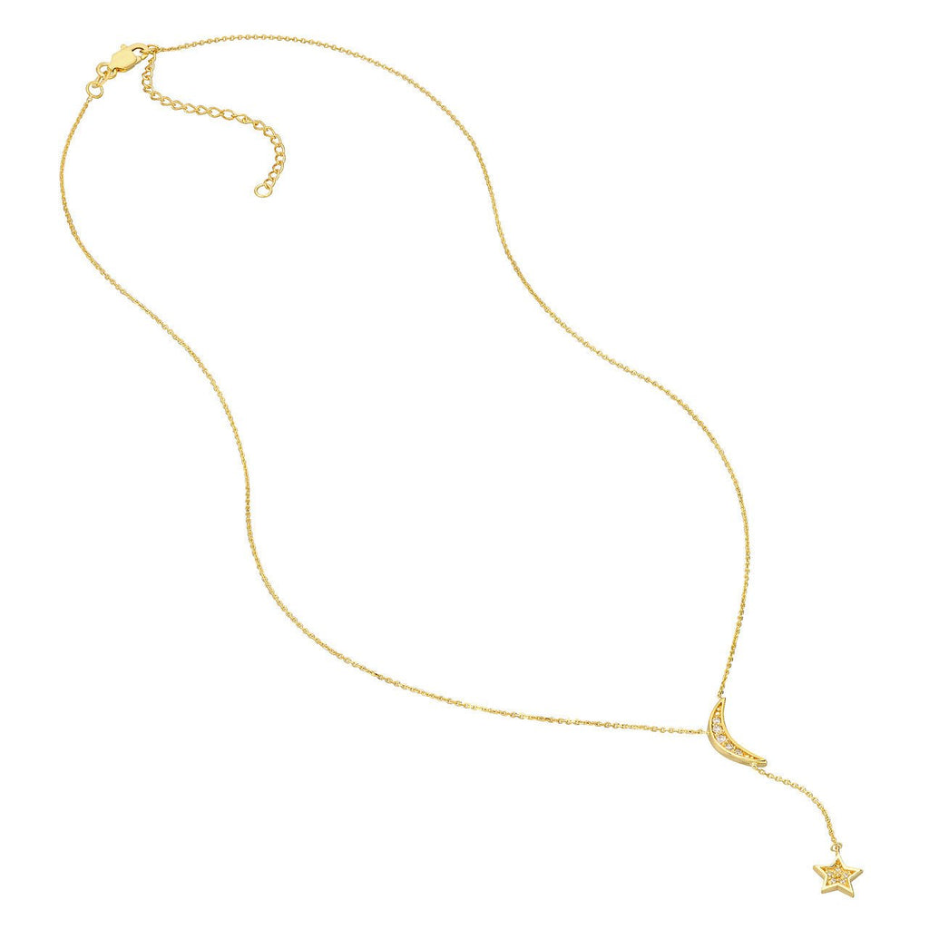 14K Gold Moon and Star Diamond Lariat Pendant Necklace