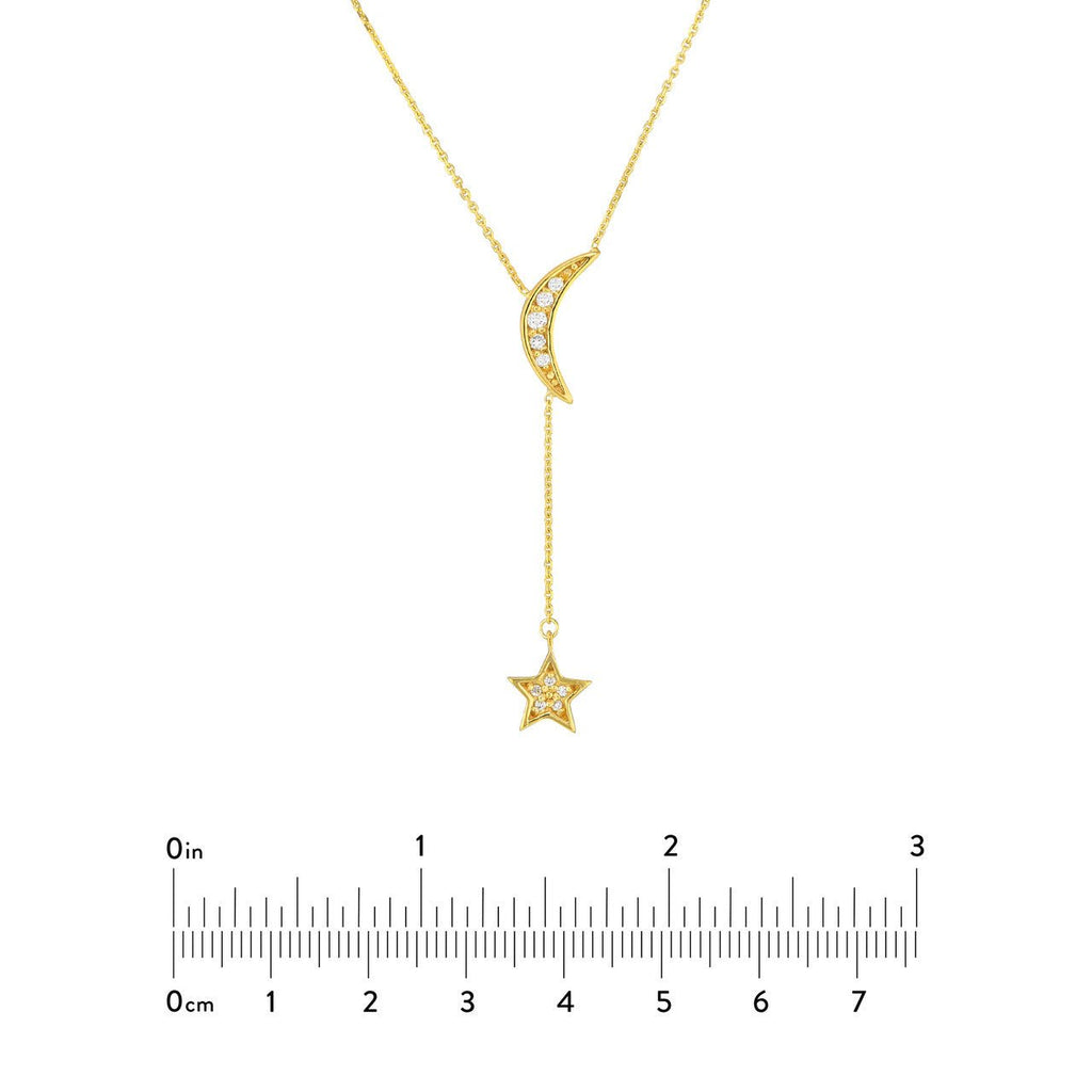 14K Gold Moon and Star Diamond Lariat Pendant Necklace