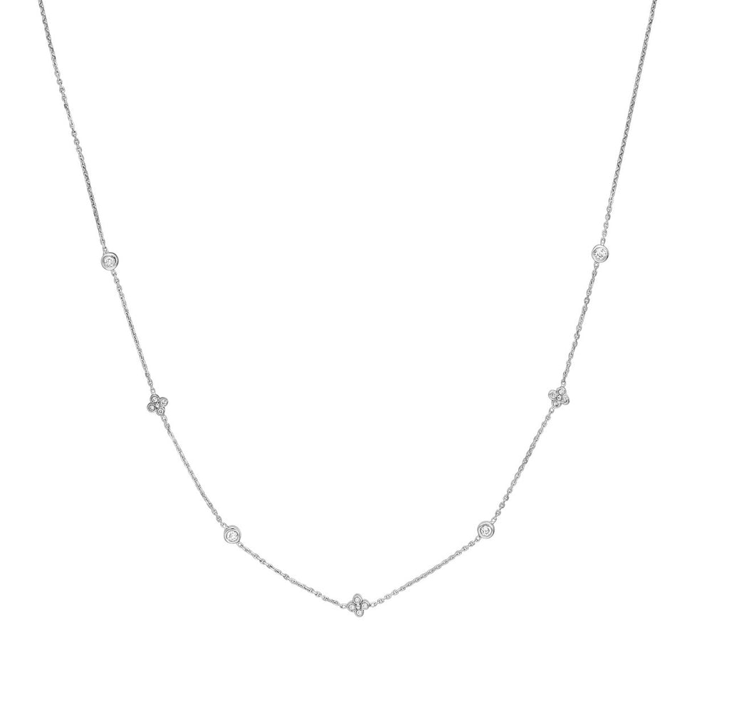 14K Gold Diamond Bezel and Diamond Cluster Station Necklace