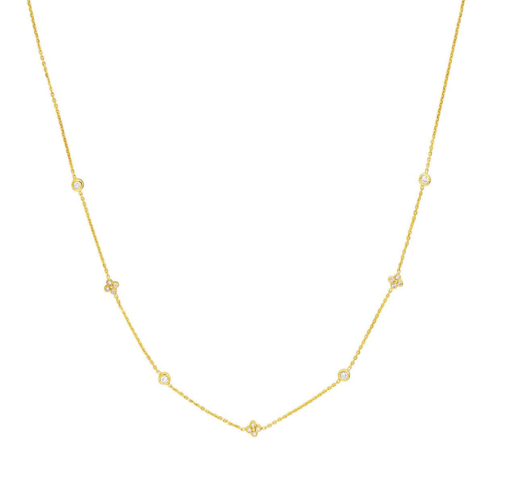 14K Gold Diamond Bezel and Diamond Cluster Station Necklace