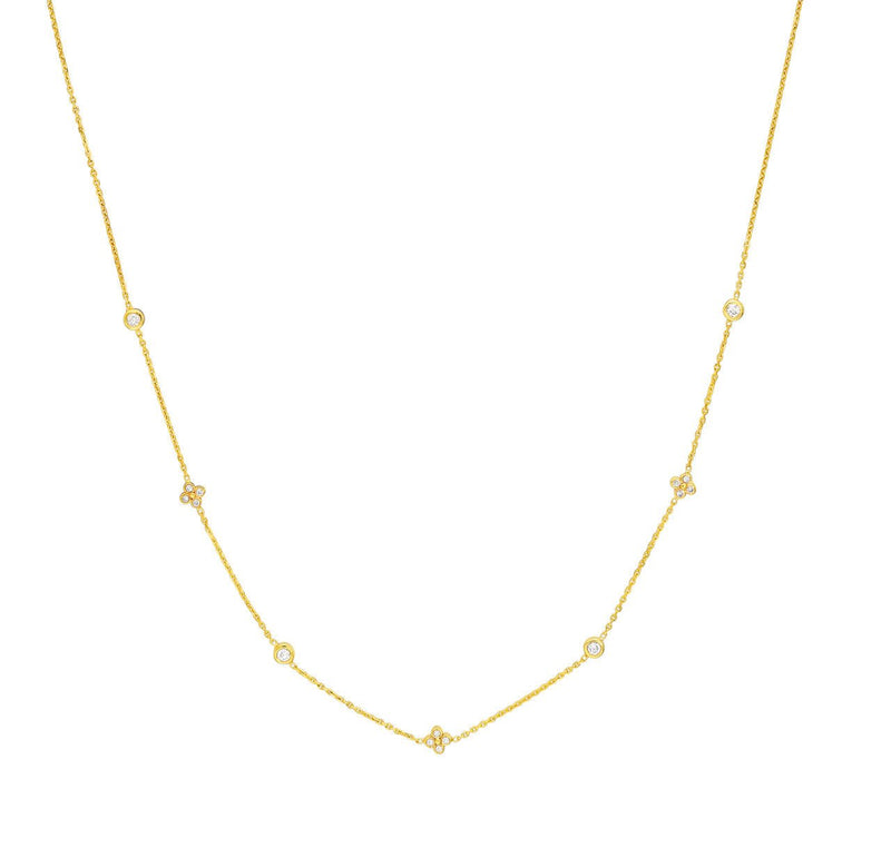 14K Gold Diamond Bezel and Diamond Cluster Station Necklace