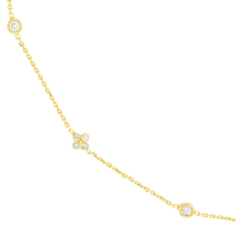 14K Gold Diamond Bezel and Diamond Cluster Station Necklace