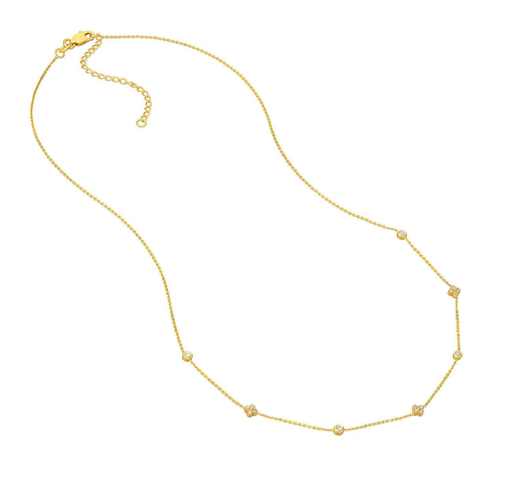 14K Gold Diamond Bezel and Diamond Cluster Station Necklace