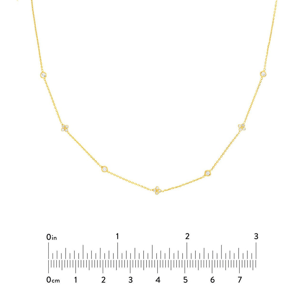 14K Gold Diamond Bezel and Diamond Cluster Station Necklace
