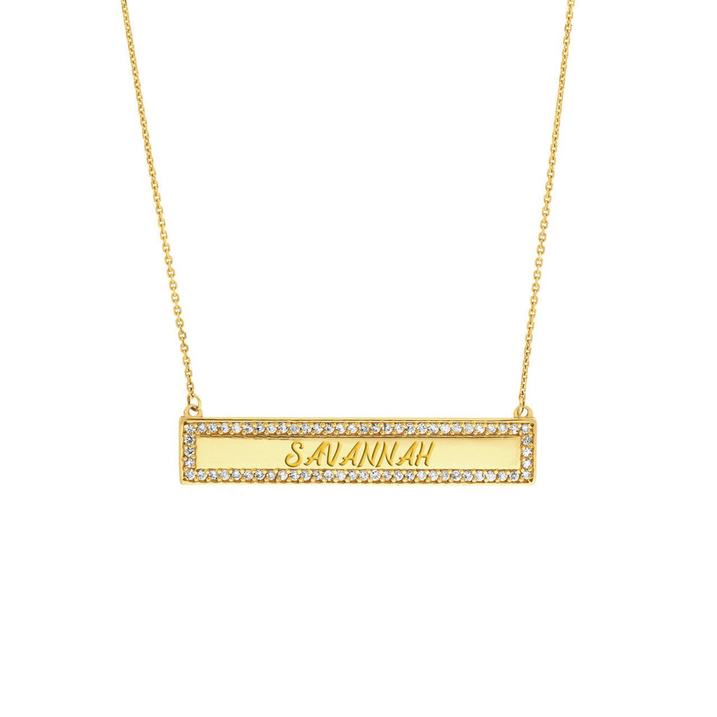 14K Gold Diamond Personalized Bar Frame Pendant Necklace