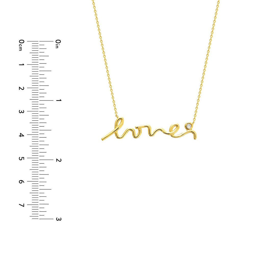 14K Gold Cursive Love Pendant with Diamond Bezel