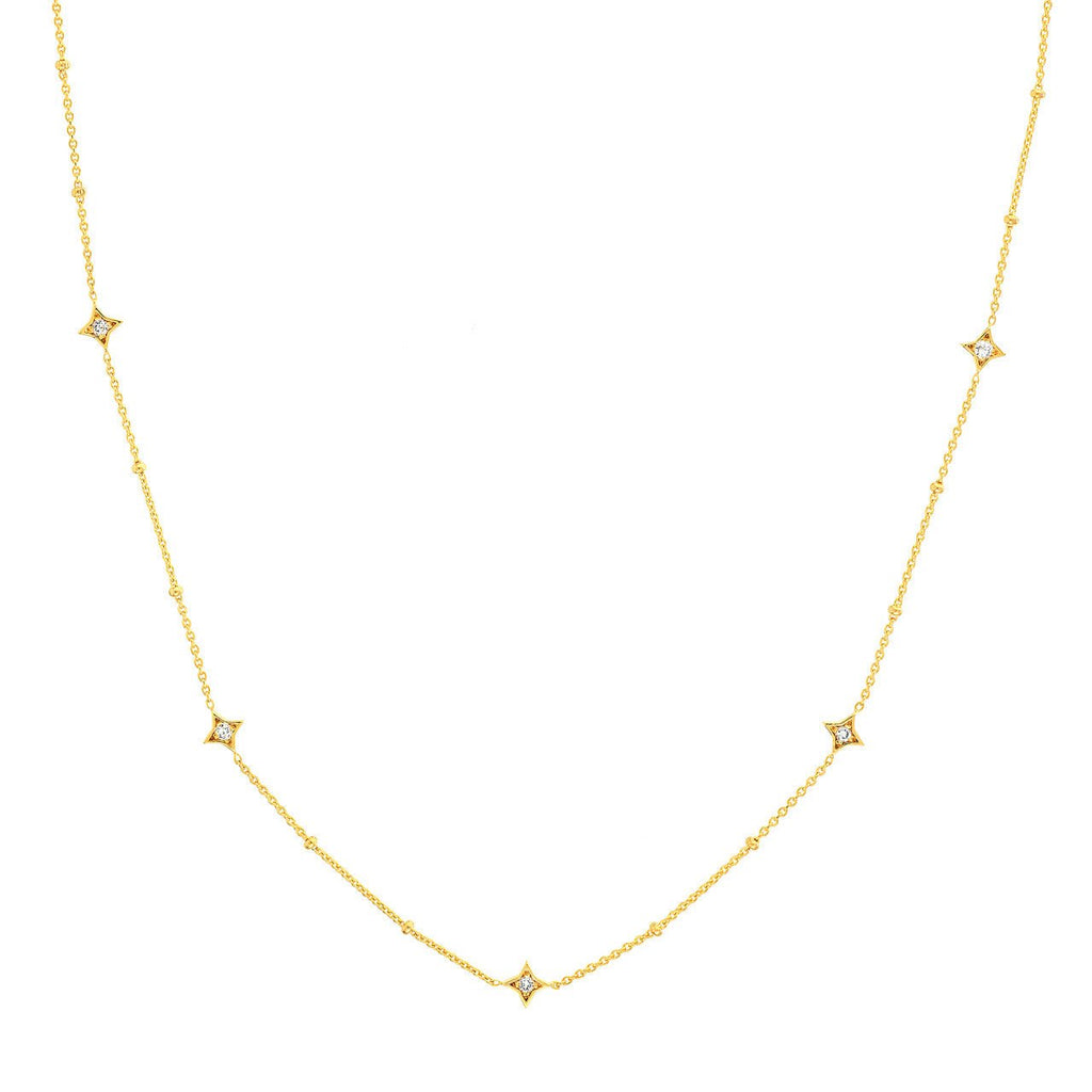 14K Gold Diamond Star Bezels and Bead Necklace